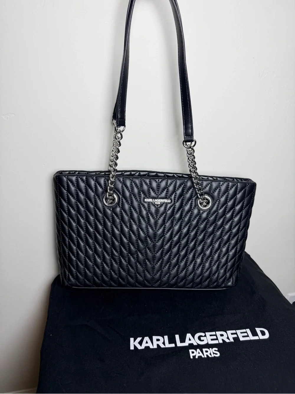 Karl Lagerfeld Black Quilted Tote Silver Chain Straps Paris karolina purse bag - Picture 3 of 8